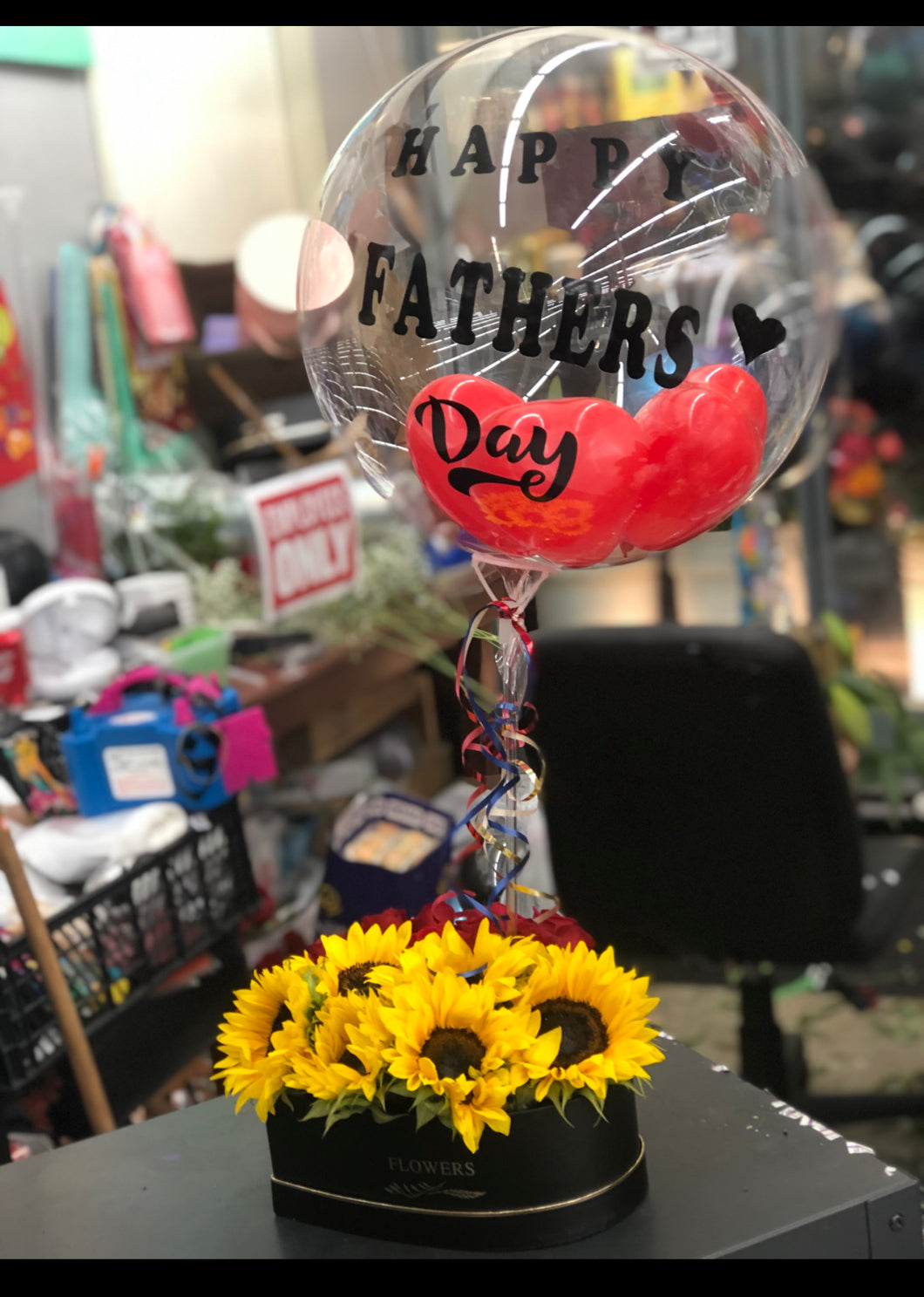 Heart box with roses and sunflowers